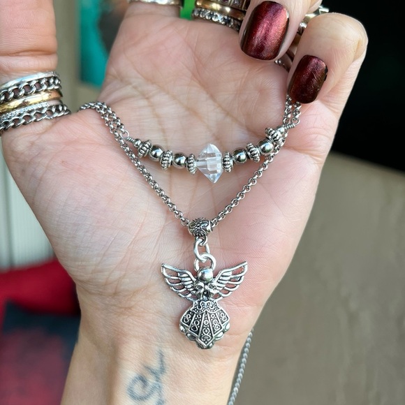 Genuine herkimer diamond crystal double layer stainless steel angel necklace - Picture 7 of 14